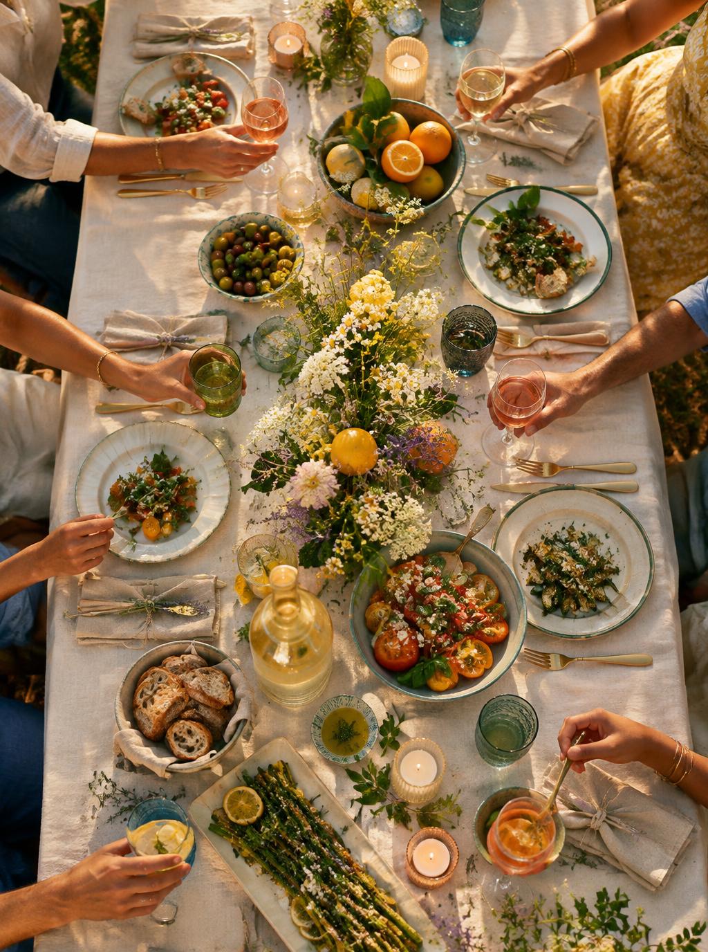 Guests sharing a long candlelit dinner table
